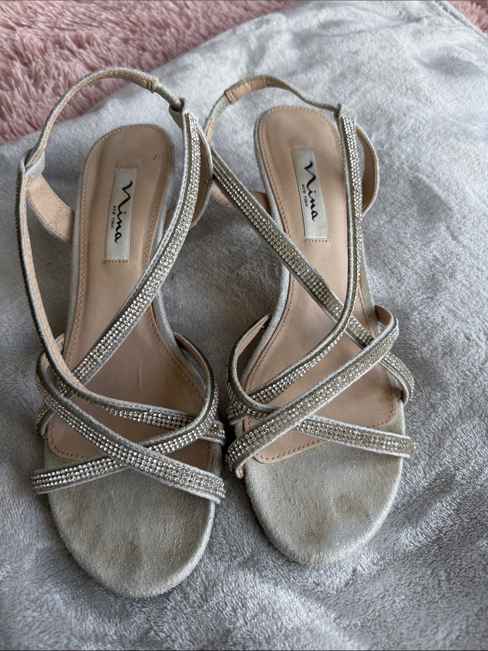 Nina Light Silver Rhinestone Strappy Slingback Heels
